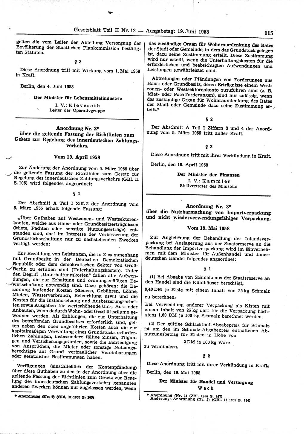 Gesetzblatt (GBl.) der Deutschen Demokratischen Republik (DDR) Teil ⅠⅠ 1958, Seite 115 (GBl. DDR ⅠⅠ 1958, S. 115)