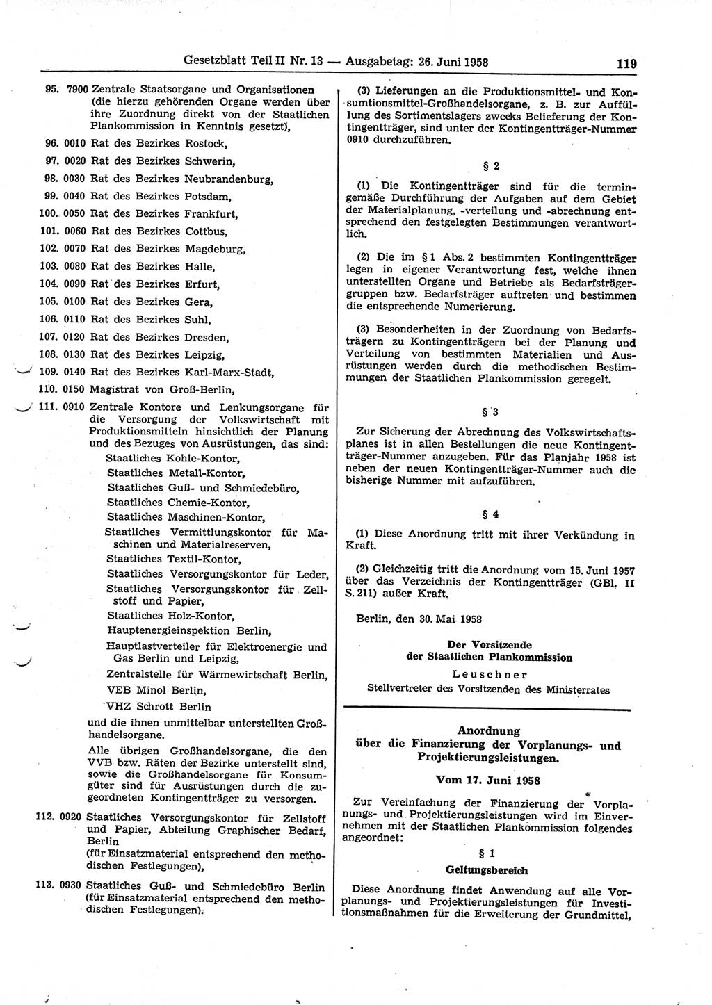 Gesetzblatt (GBl.) der Deutschen Demokratischen Republik (DDR) Teil ⅠⅠ 1958, Seite 119 (GBl. DDR ⅠⅠ 1958, S. 119)