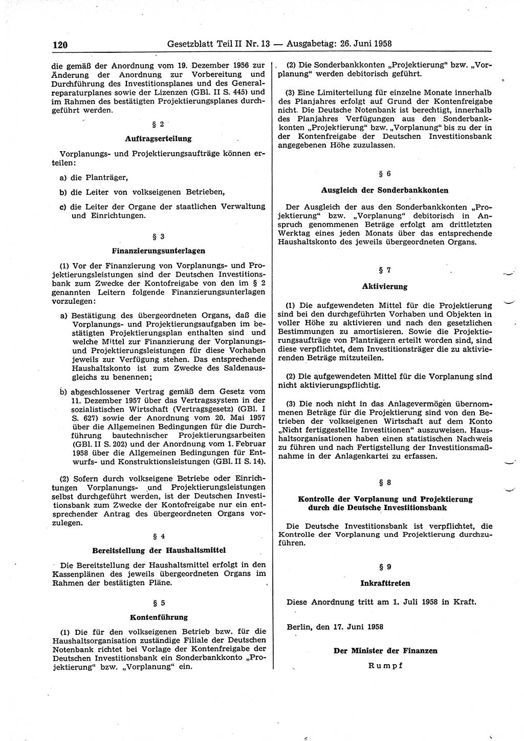 Gesetzblatt (GBl.) der Deutschen Demokratischen Republik (DDR) Teil ⅠⅠ 1958, Seite 120 (GBl. DDR ⅠⅠ 1958, S. 120)