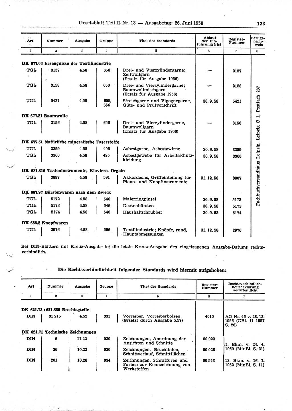 Gesetzblatt (GBl.) der Deutschen Demokratischen Republik (DDR) Teil ⅠⅠ 1958, Seite 123 (GBl. DDR ⅠⅠ 1958, S. 123)