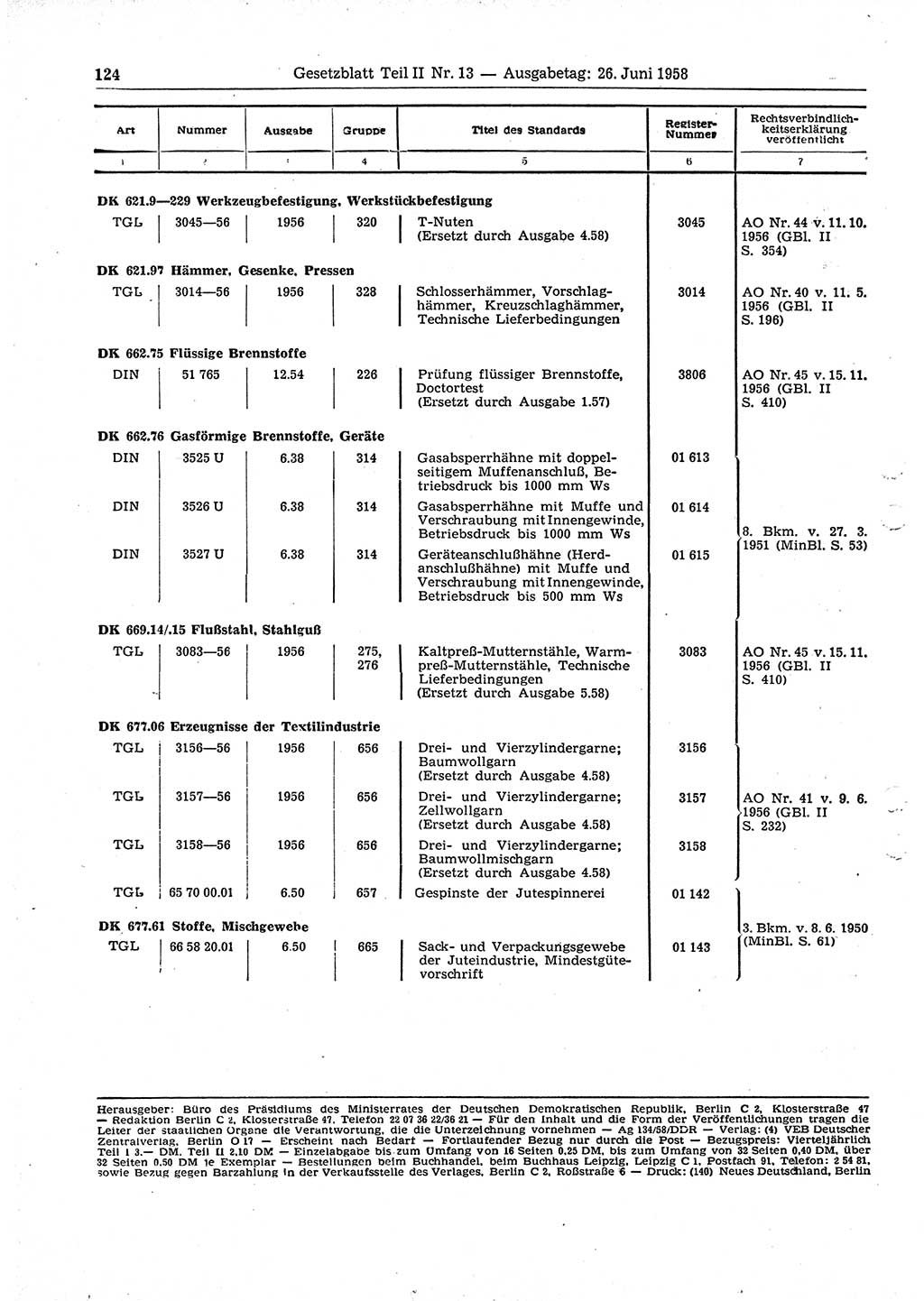 Gesetzblatt (GBl.) der Deutschen Demokratischen Republik (DDR) Teil ⅠⅠ 1958, Seite 124 (GBl. DDR ⅠⅠ 1958, S. 124)
