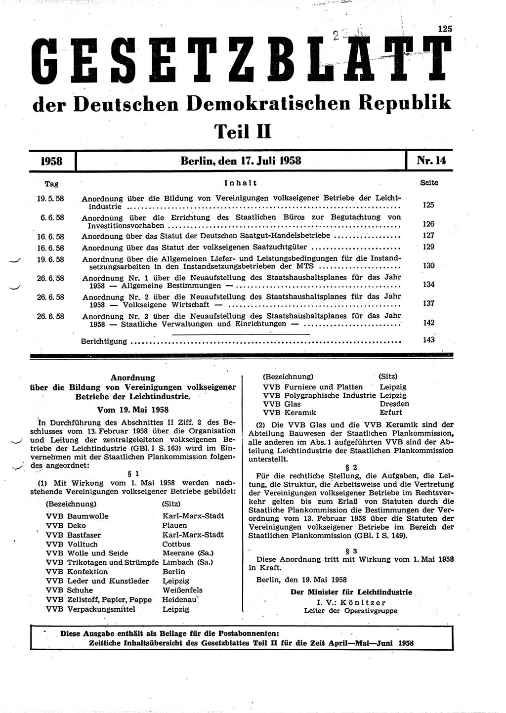 Gesetzblatt (GBl.) der Deutschen Demokratischen Republik (DDR) Teil ⅠⅠ 1958, Seite 125 (GBl. DDR ⅠⅠ 1958, S. 125)
