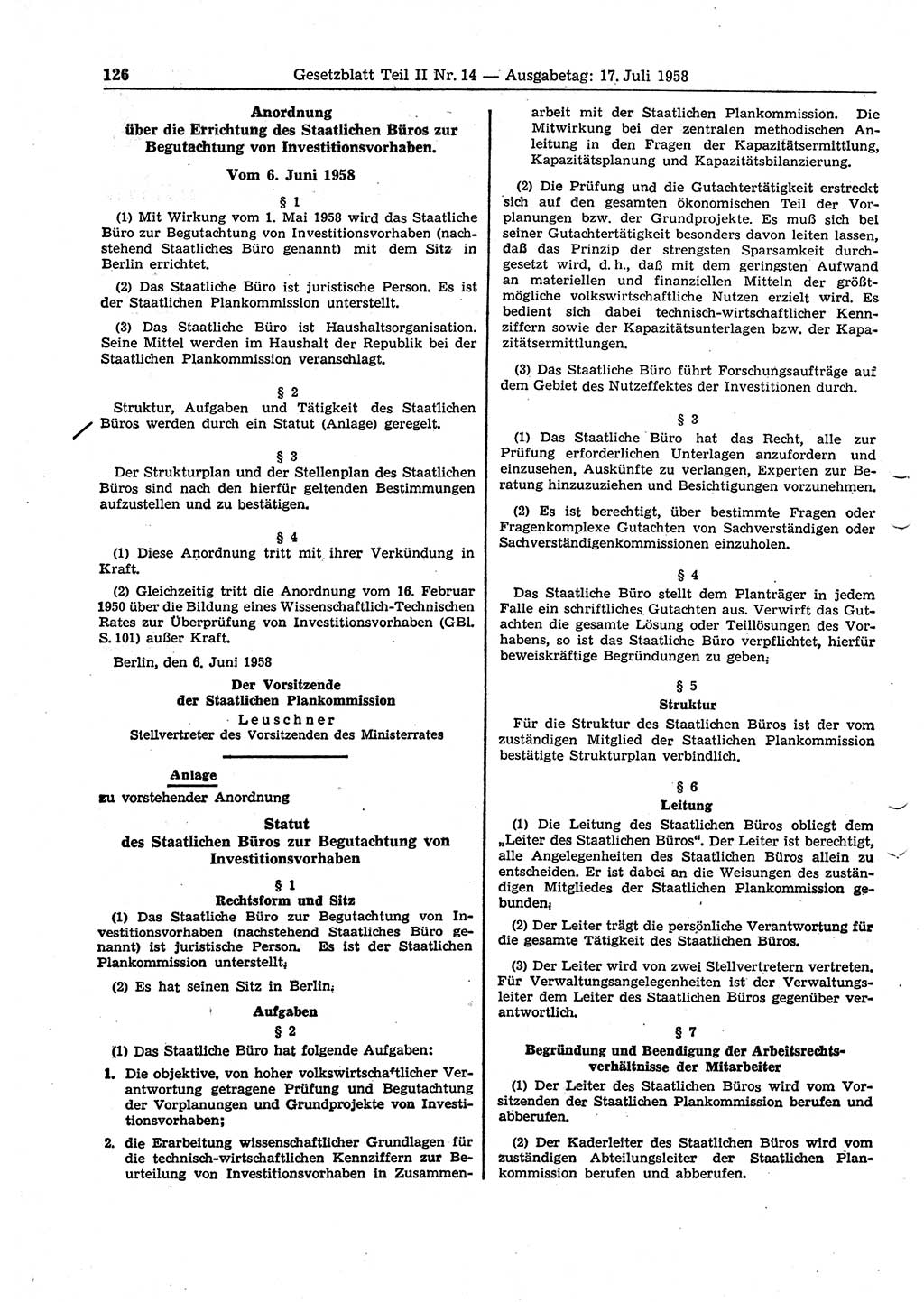 Gesetzblatt (GBl.) der Deutschen Demokratischen Republik (DDR) Teil ⅠⅠ 1958, Seite 126 (GBl. DDR ⅠⅠ 1958, S. 126)