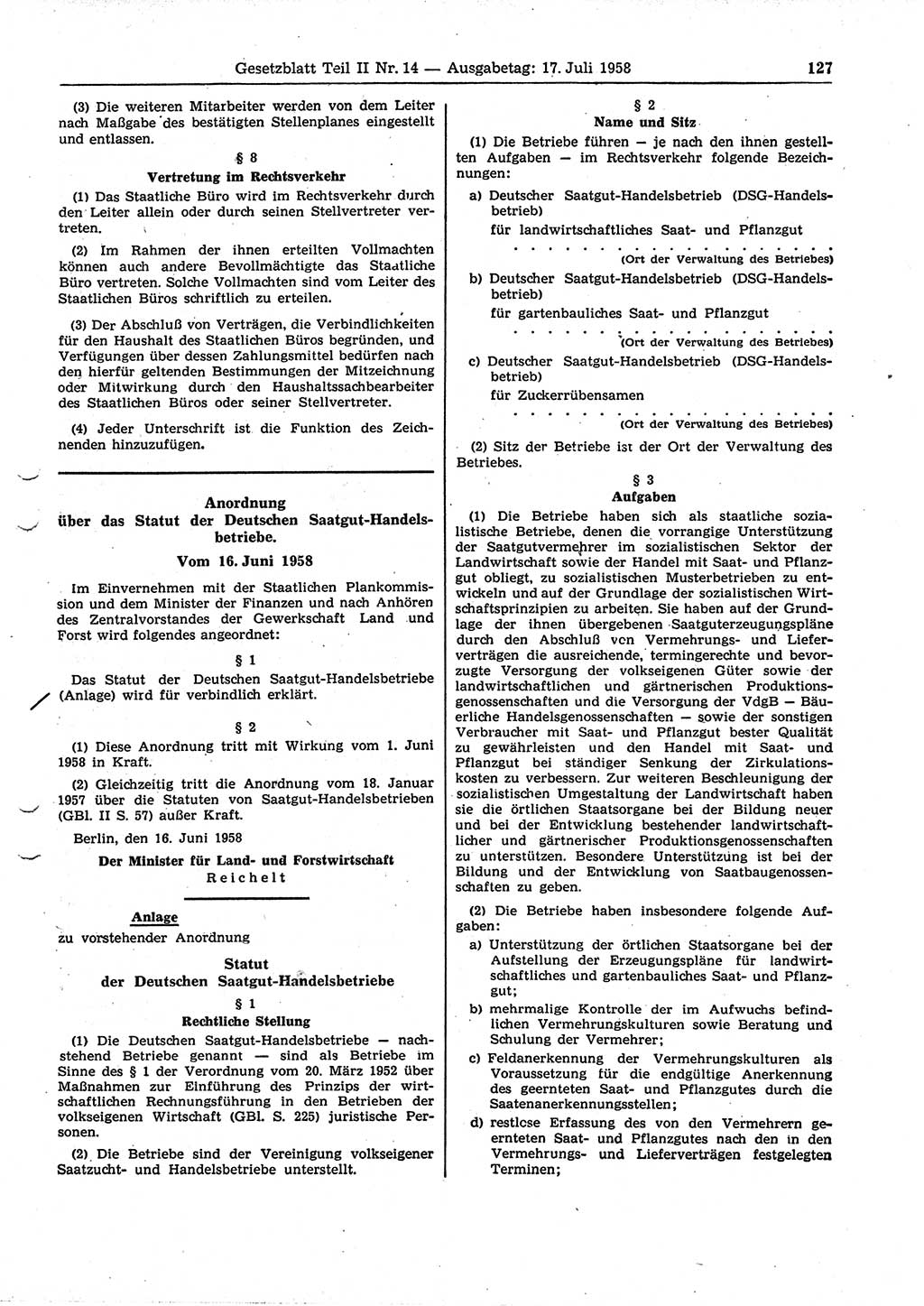 Gesetzblatt (GBl.) der Deutschen Demokratischen Republik (DDR) Teil ⅠⅠ 1958, Seite 127 (GBl. DDR ⅠⅠ 1958, S. 127)