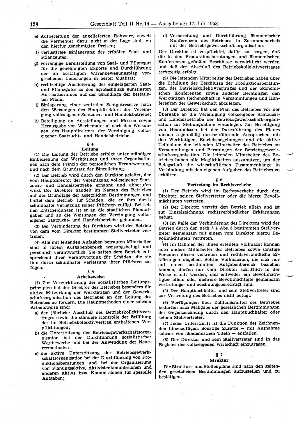 Gesetzblatt (GBl.) der Deutschen Demokratischen Republik (DDR) Teil ⅠⅠ 1958, Seite 128 (GBl. DDR ⅠⅠ 1958, S. 128)