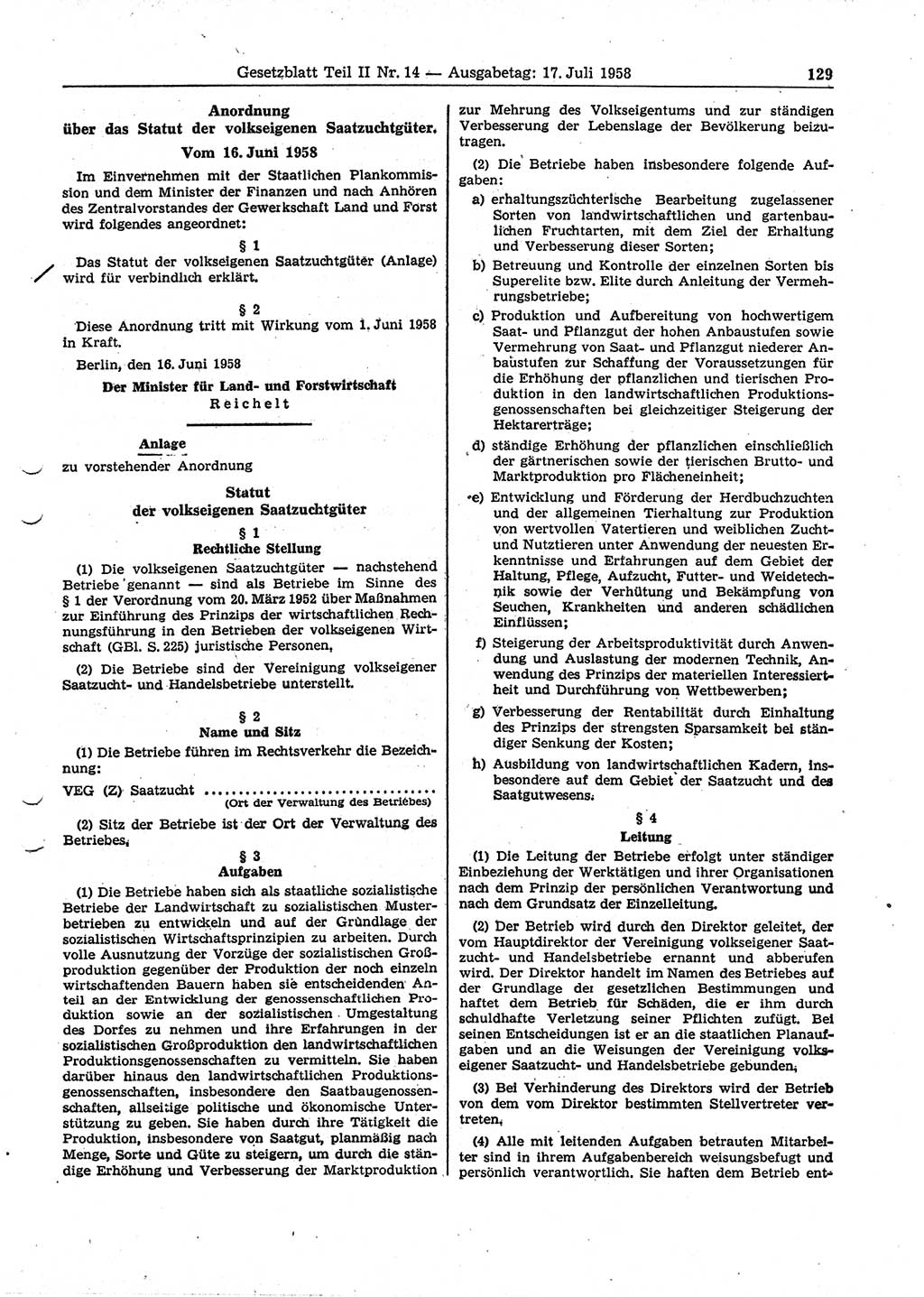 Gesetzblatt (GBl.) der Deutschen Demokratischen Republik (DDR) Teil ⅠⅠ 1958, Seite 129 (GBl. DDR ⅠⅠ 1958, S. 129)