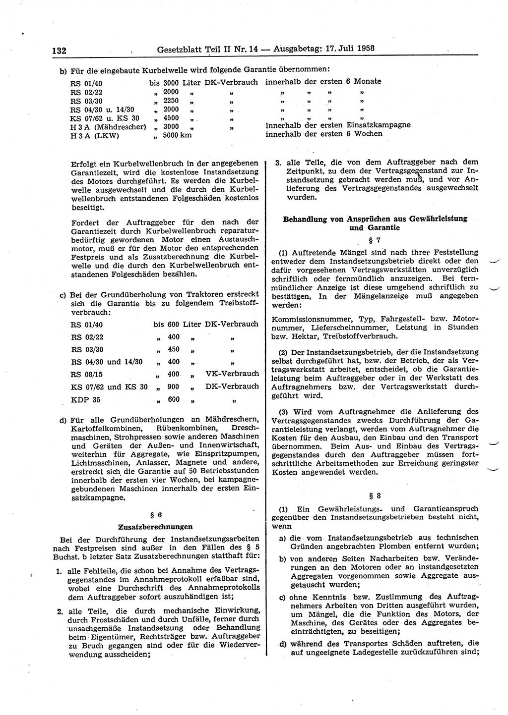 Gesetzblatt (GBl.) der Deutschen Demokratischen Republik (DDR) Teil ⅠⅠ 1958, Seite 132 (GBl. DDR ⅠⅠ 1958, S. 132)