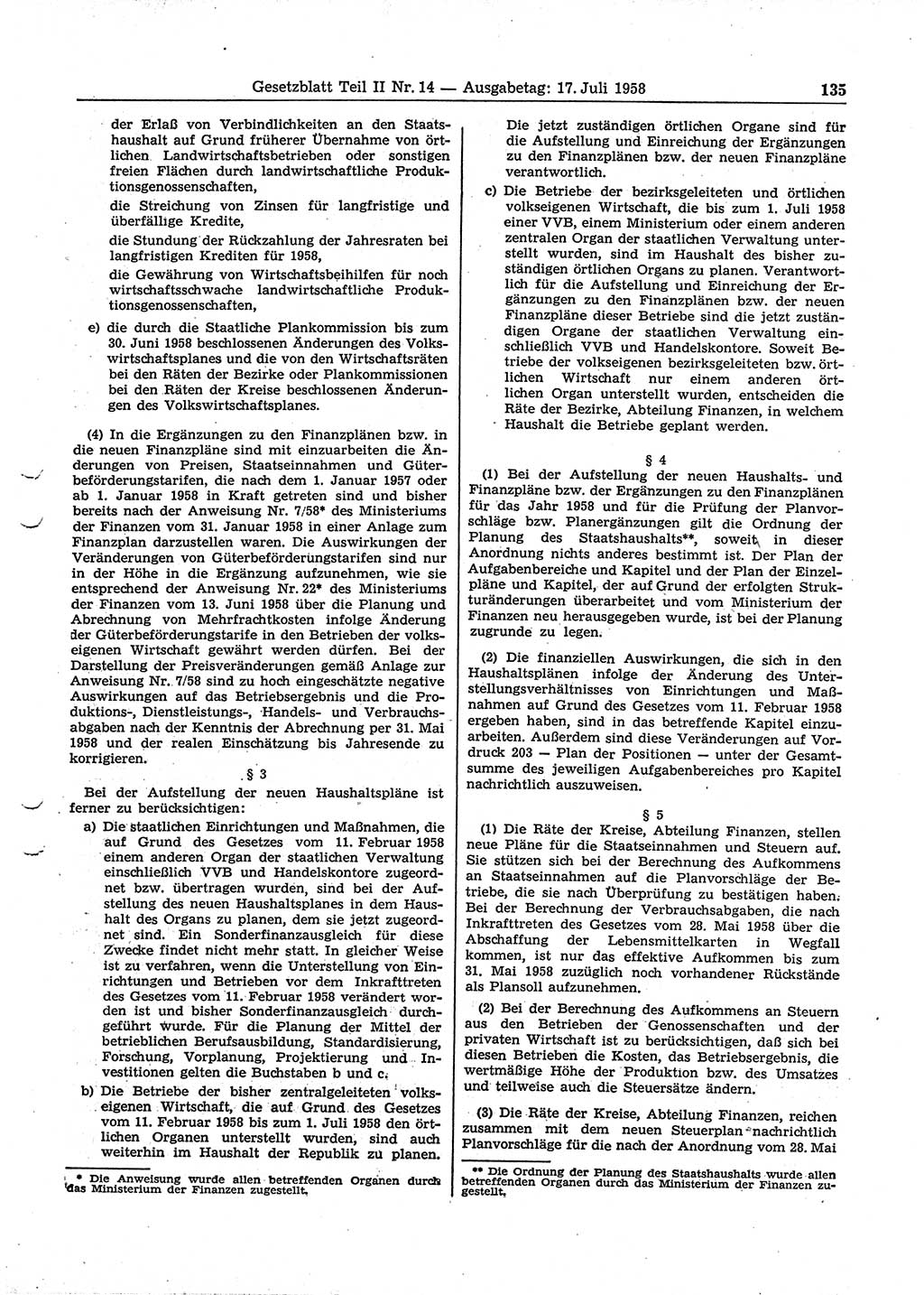 Gesetzblatt (GBl.) der Deutschen Demokratischen Republik (DDR) Teil ⅠⅠ 1958, Seite 135 (GBl. DDR ⅠⅠ 1958, S. 135)