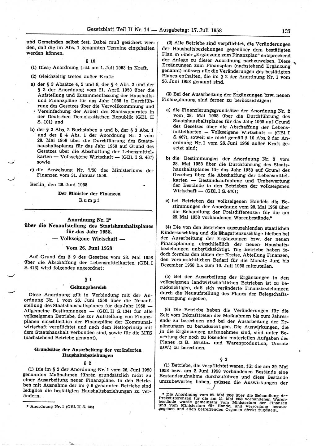 Gesetzblatt (GBl.) der Deutschen Demokratischen Republik (DDR) Teil ⅠⅠ 1958, Seite 137 (GBl. DDR ⅠⅠ 1958, S. 137)