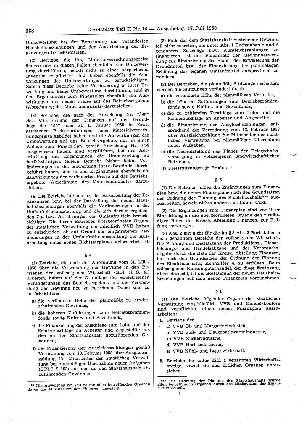 Gesetzblatt (GBl.) der Deutschen Demokratischen Republik (DDR) Teil ⅠⅠ 1958, Seite 138 (GBl. DDR ⅠⅠ 1958, S. 138)