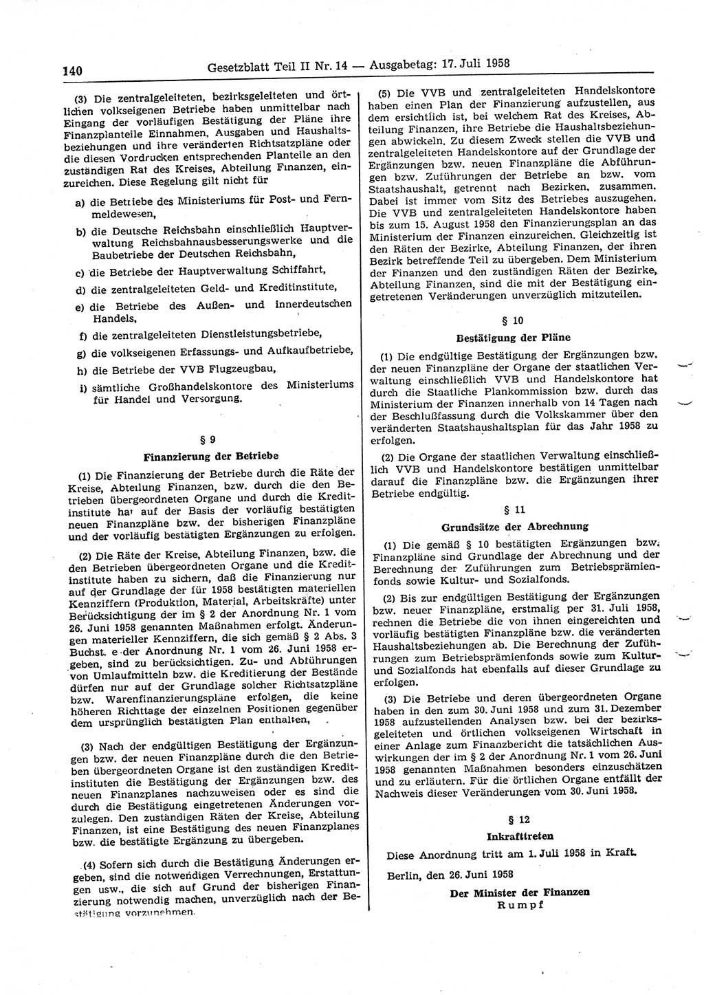 Gesetzblatt (GBl.) der Deutschen Demokratischen Republik (DDR) Teil ⅠⅠ 1958, Seite 140 (GBl. DDR ⅠⅠ 1958, S. 140)