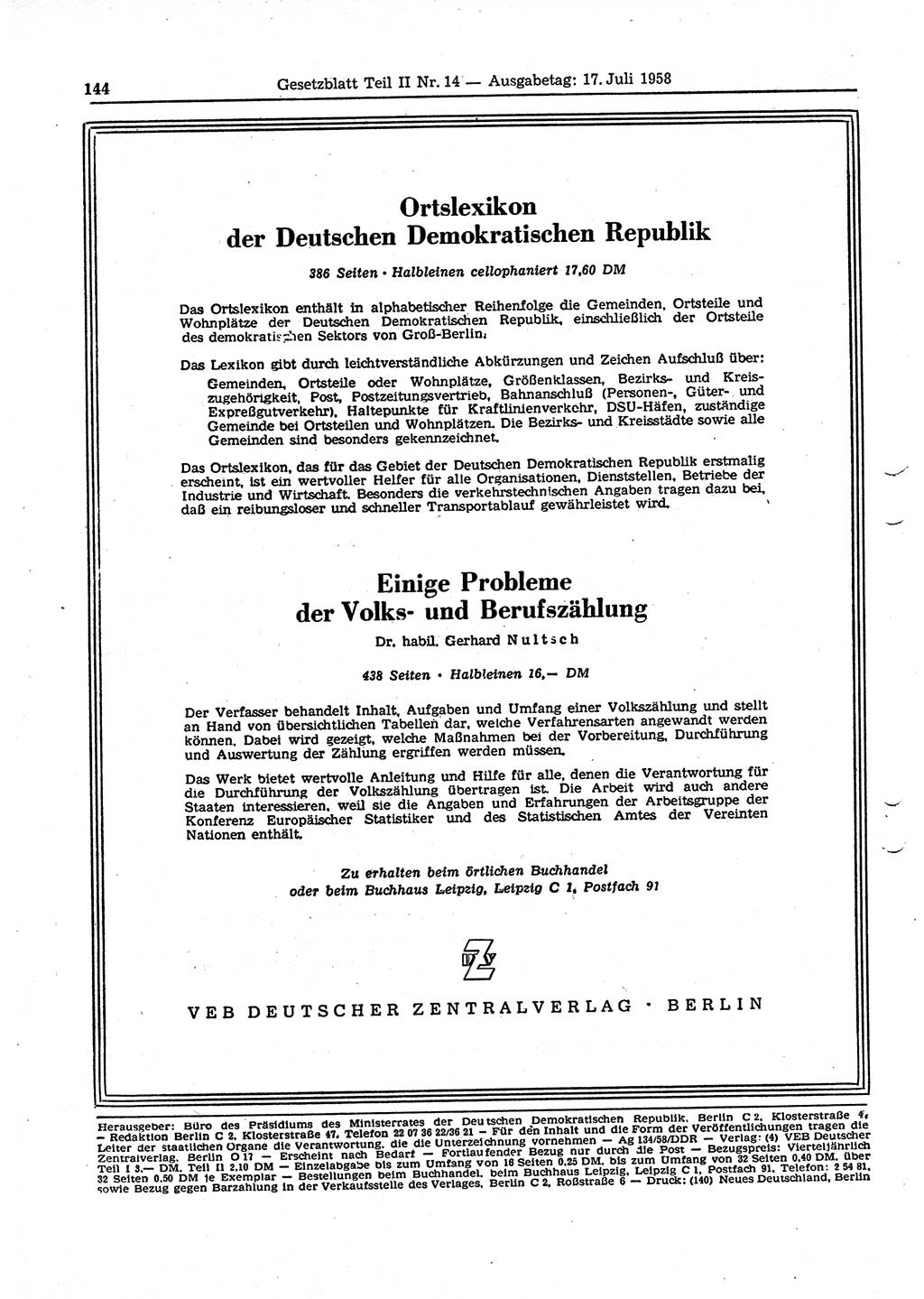 Gesetzblatt (GBl.) der Deutschen Demokratischen Republik (DDR) Teil ⅠⅠ 1958, Seite 144 (GBl. DDR ⅠⅠ 1958, S. 144)