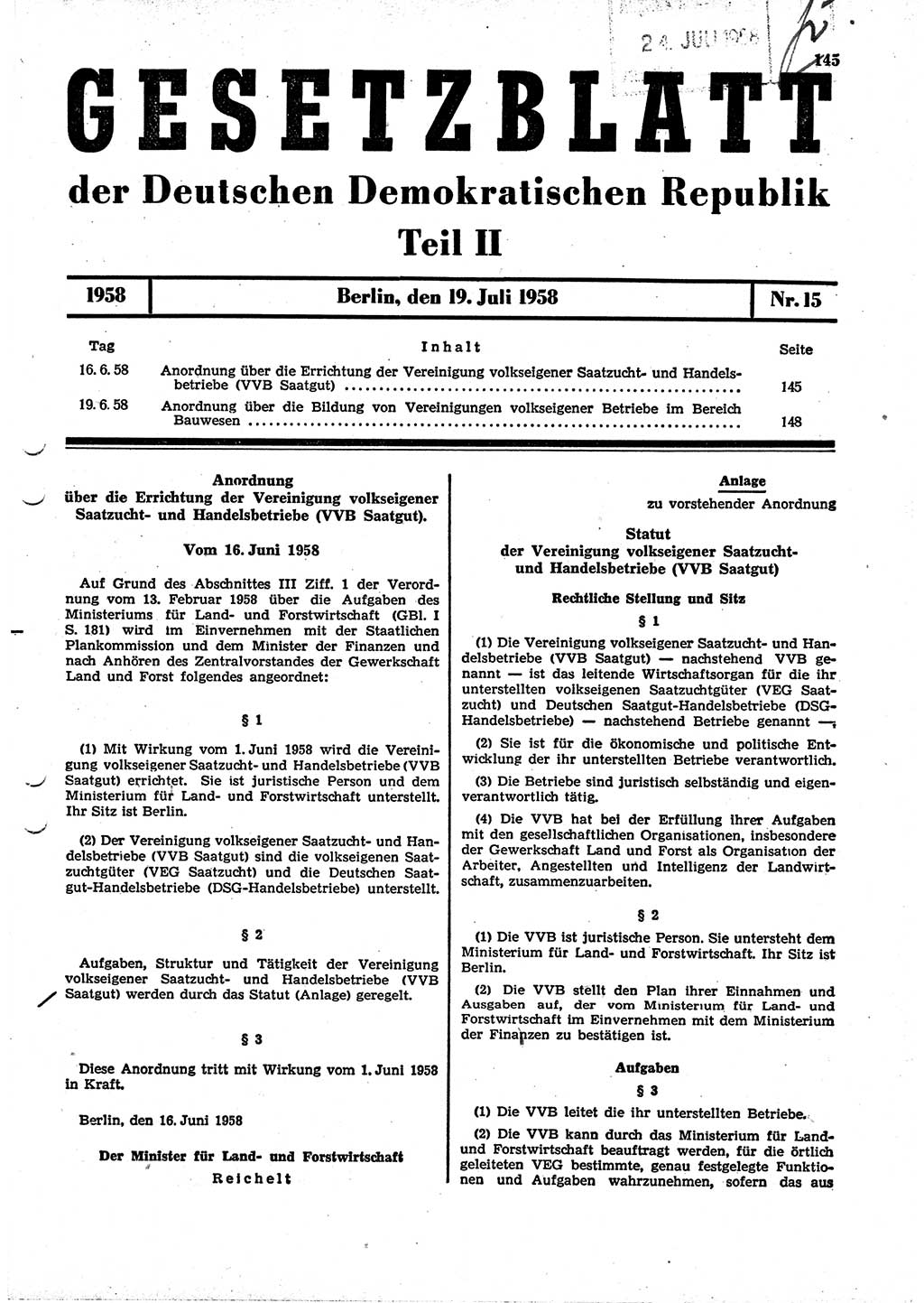 Gesetzblatt (GBl.) der Deutschen Demokratischen Republik (DDR) Teil ⅠⅠ 1958, Seite 145 (GBl. DDR ⅠⅠ 1958, S. 145)