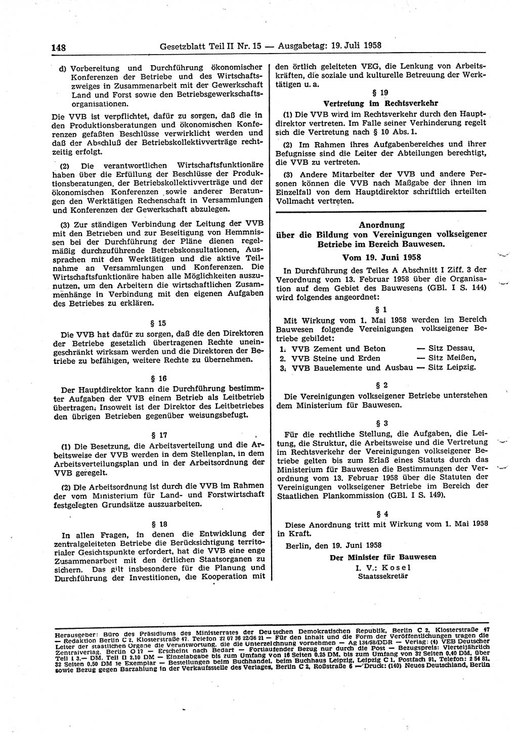 Gesetzblatt (GBl.) der Deutschen Demokratischen Republik (DDR) Teil ⅠⅠ 1958, Seite 148 (GBl. DDR ⅠⅠ 1958, S. 148)