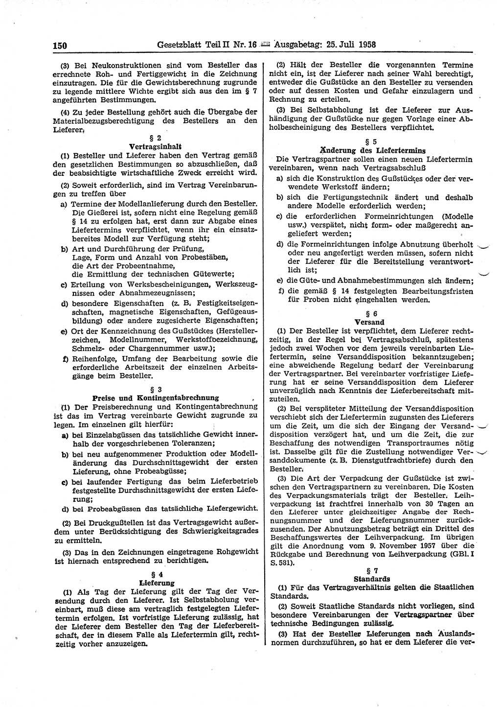 Gesetzblatt (GBl.) der Deutschen Demokratischen Republik (DDR) Teil ⅠⅠ 1958, Seite 150 (GBl. DDR ⅠⅠ 1958, S. 150)