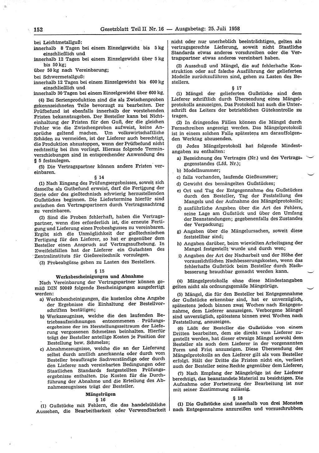Gesetzblatt (GBl.) der Deutschen Demokratischen Republik (DDR) Teil ⅠⅠ 1958, Seite 152 (GBl. DDR ⅠⅠ 1958, S. 152)