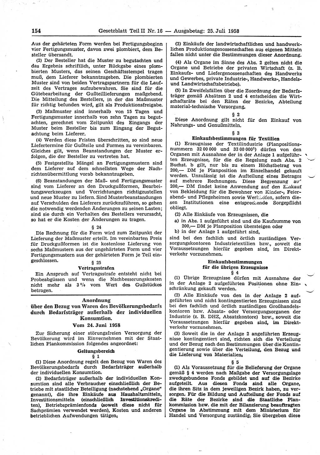 Gesetzblatt (GBl.) der Deutschen Demokratischen Republik (DDR) Teil ⅠⅠ 1958, Seite 154 (GBl. DDR ⅠⅠ 1958, S. 154)