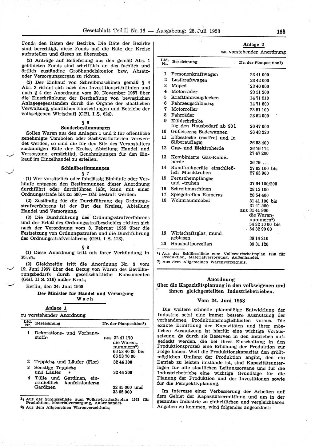 Gesetzblatt (GBl.) der Deutschen Demokratischen Republik (DDR) Teil ⅠⅠ 1958, Seite 155 (GBl. DDR ⅠⅠ 1958, S. 155)