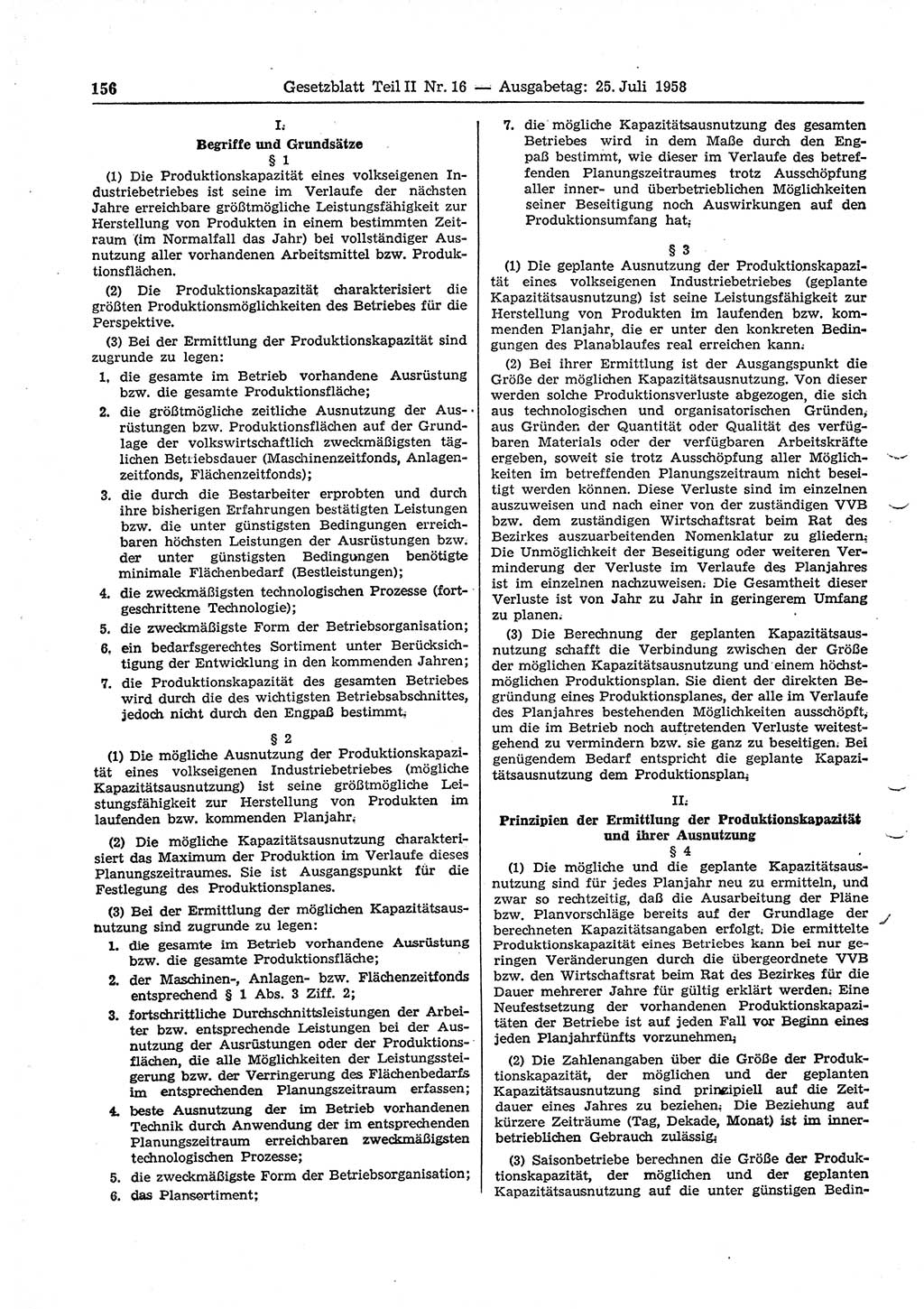 Gesetzblatt (GBl.) der Deutschen Demokratischen Republik (DDR) Teil ⅠⅠ 1958, Seite 156 (GBl. DDR ⅠⅠ 1958, S. 156)