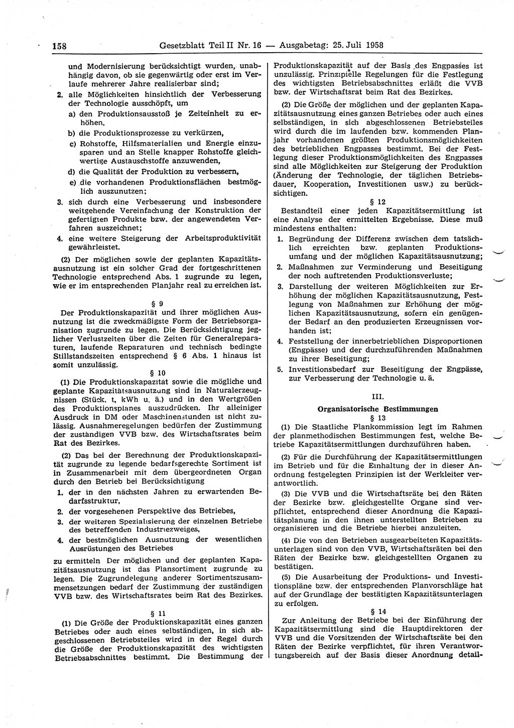 Gesetzblatt (GBl.) der Deutschen Demokratischen Republik (DDR) Teil ⅠⅠ 1958, Seite 158 (GBl. DDR ⅠⅠ 1958, S. 158)