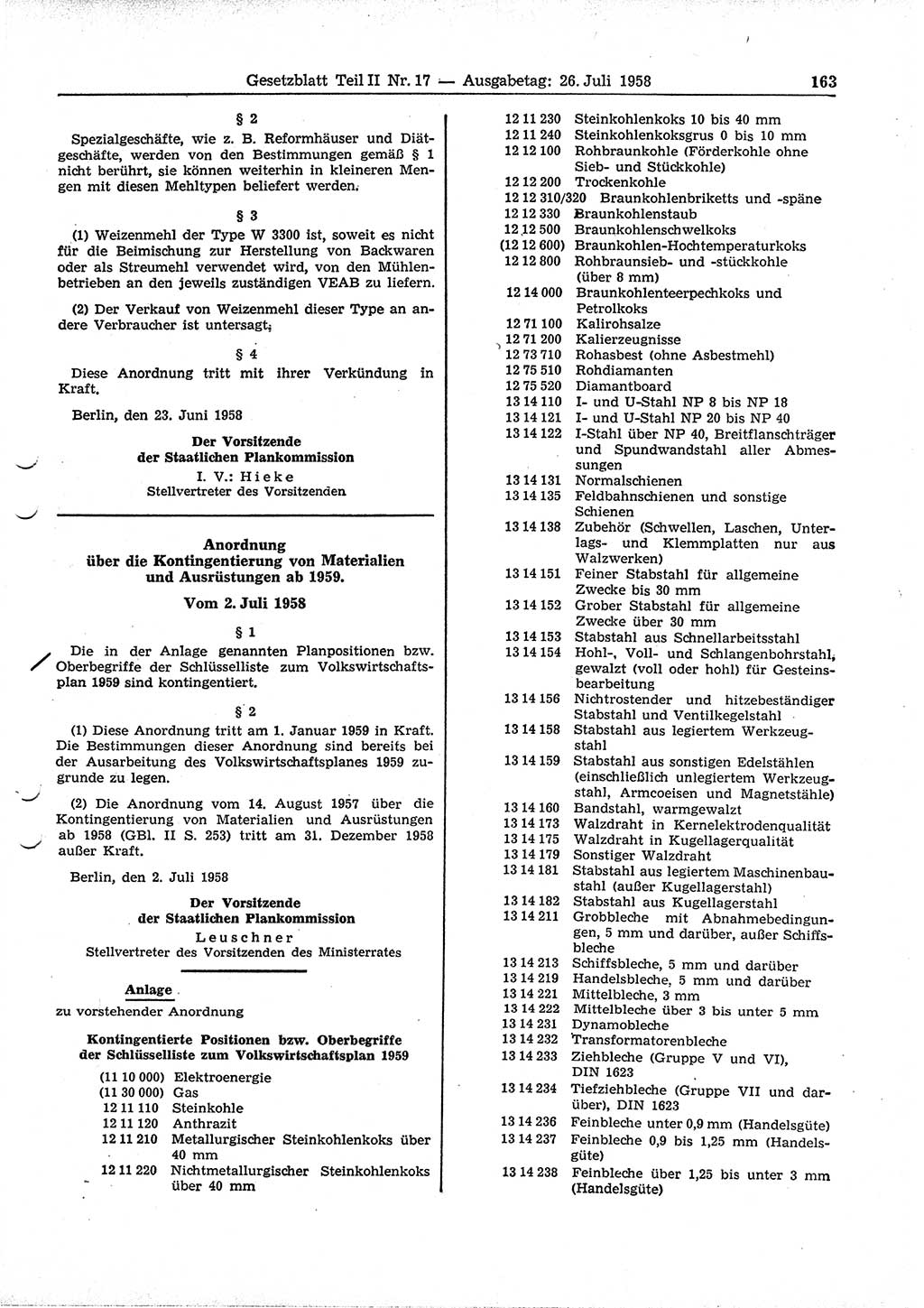 Gesetzblatt (GBl.) der Deutschen Demokratischen Republik (DDR) Teil ⅠⅠ 1958, Seite 163 (GBl. DDR ⅠⅠ 1958, S. 163)