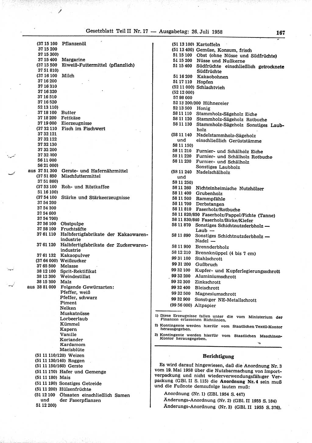 Gesetzblatt (GBl.) der Deutschen Demokratischen Republik (DDR) Teil ⅠⅠ 1958, Seite 167 (GBl. DDR ⅠⅠ 1958, S. 167)