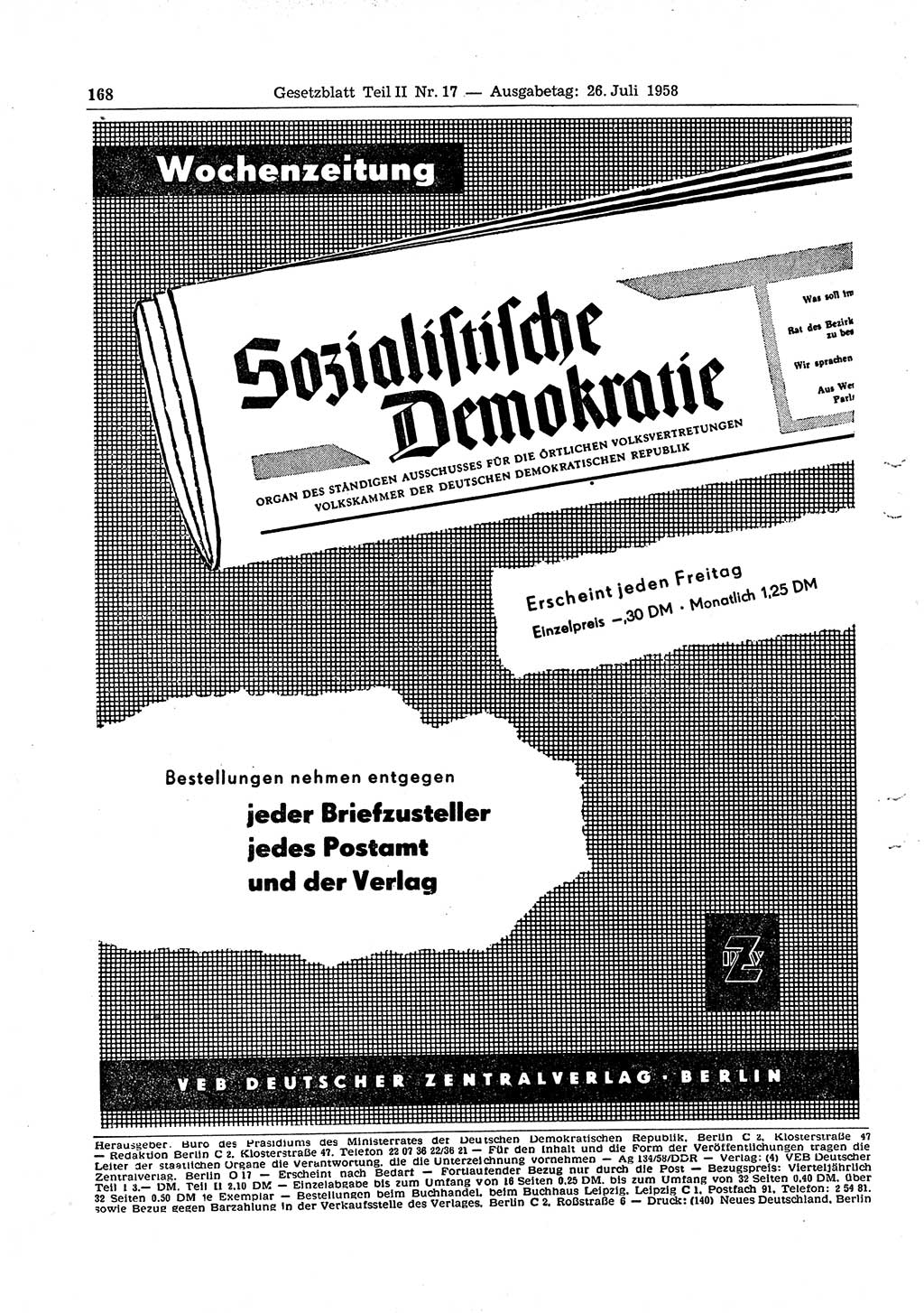 Gesetzblatt (GBl.) der Deutschen Demokratischen Republik (DDR) Teil ⅠⅠ 1958, Seite 168 (GBl. DDR ⅠⅠ 1958, S. 168)