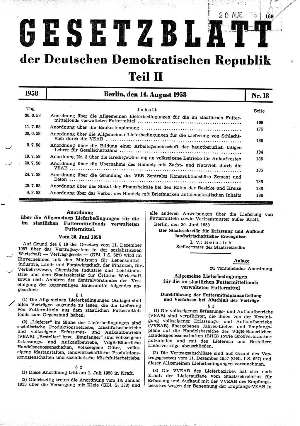 Gesetzblatt (GBl.) der Deutschen Demokratischen Republik (DDR) Teil ⅠⅠ 1958, Seite 169 (GBl. DDR ⅠⅠ 1958, S. 169)