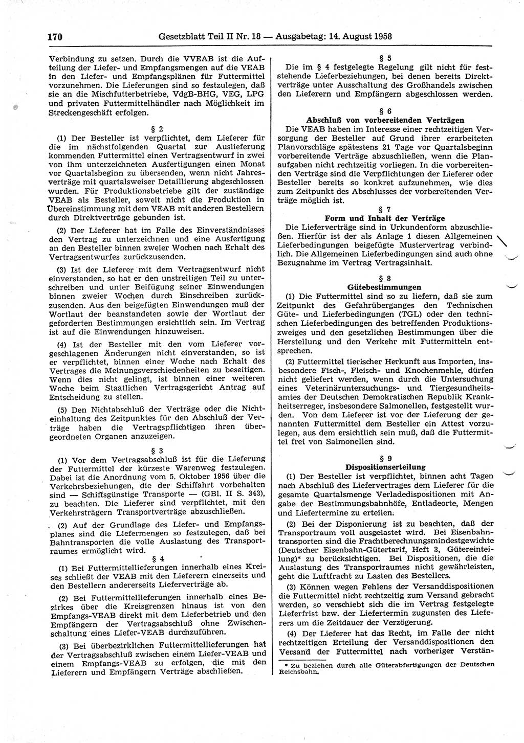 Gesetzblatt (GBl.) der Deutschen Demokratischen Republik (DDR) Teil ⅠⅠ 1958, Seite 170 (GBl. DDR ⅠⅠ 1958, S. 170)