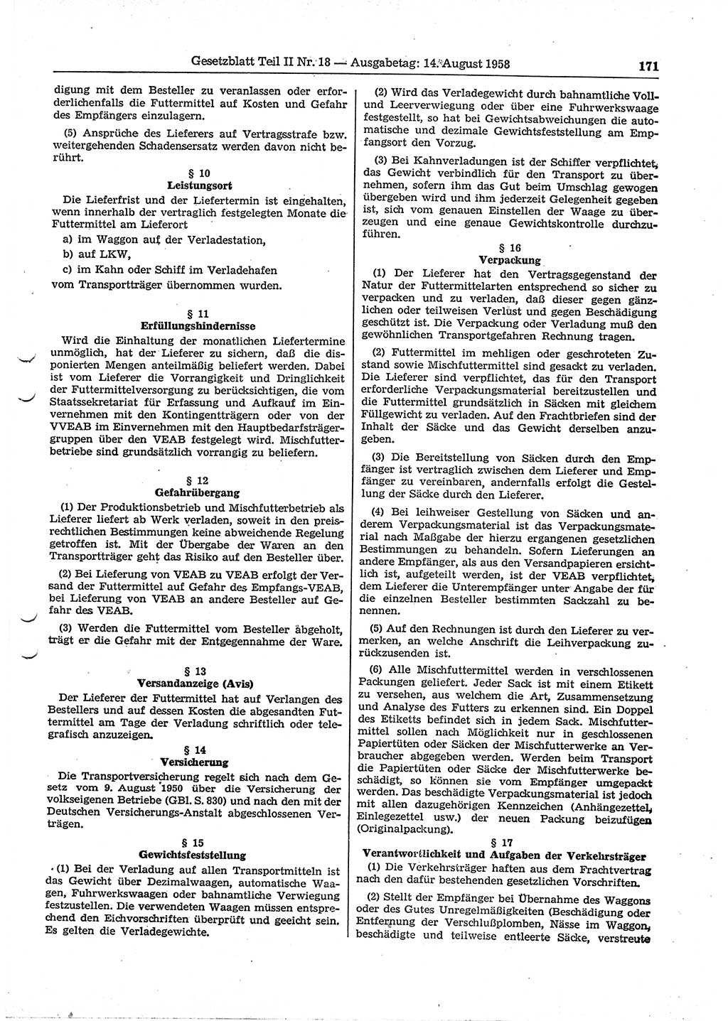 Gesetzblatt (GBl.) der Deutschen Demokratischen Republik (DDR) Teil ⅠⅠ 1958, Seite 171 (GBl. DDR ⅠⅠ 1958, S. 171)