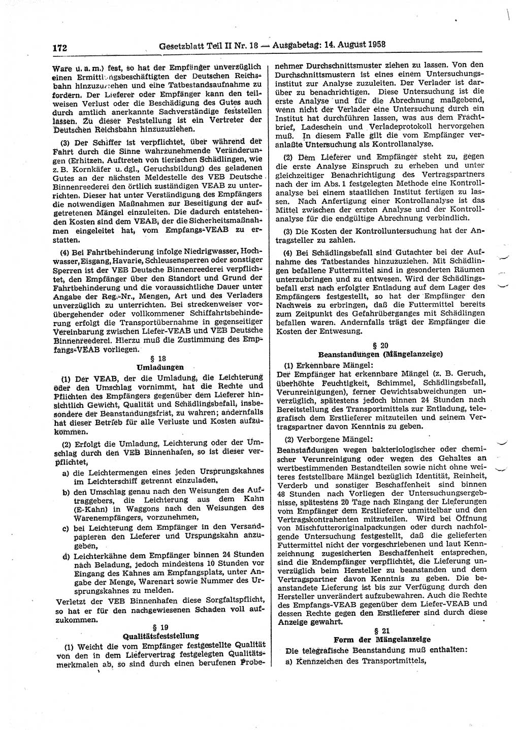 Gesetzblatt (GBl.) der Deutschen Demokratischen Republik (DDR) Teil ⅠⅠ 1958, Seite 172 (GBl. DDR ⅠⅠ 1958, S. 172)
