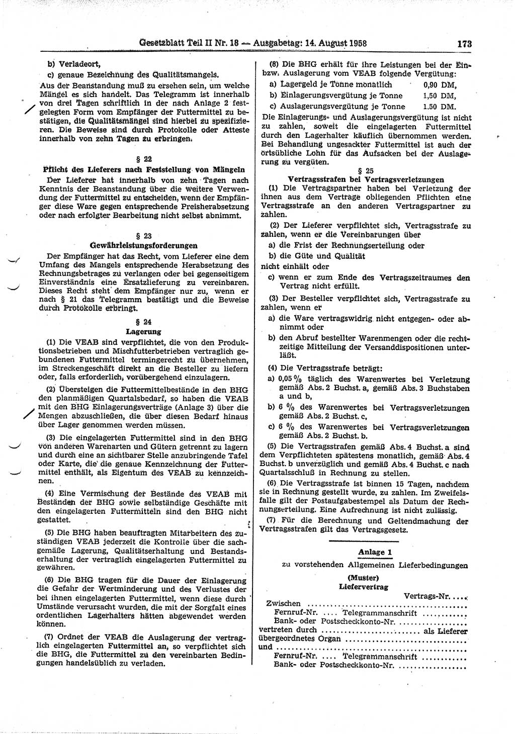 Gesetzblatt (GBl.) der Deutschen Demokratischen Republik (DDR) Teil ⅠⅠ 1958, Seite 173 (GBl. DDR ⅠⅠ 1958, S. 173)