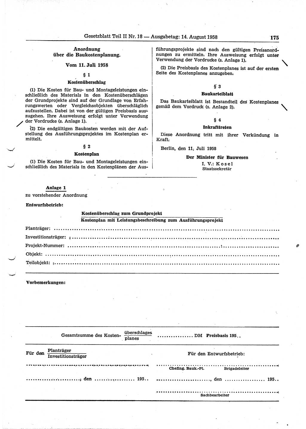 Gesetzblatt (GBl.) der Deutschen Demokratischen Republik (DDR) Teil ⅠⅠ 1958, Seite 175 (GBl. DDR ⅠⅠ 1958, S. 175)