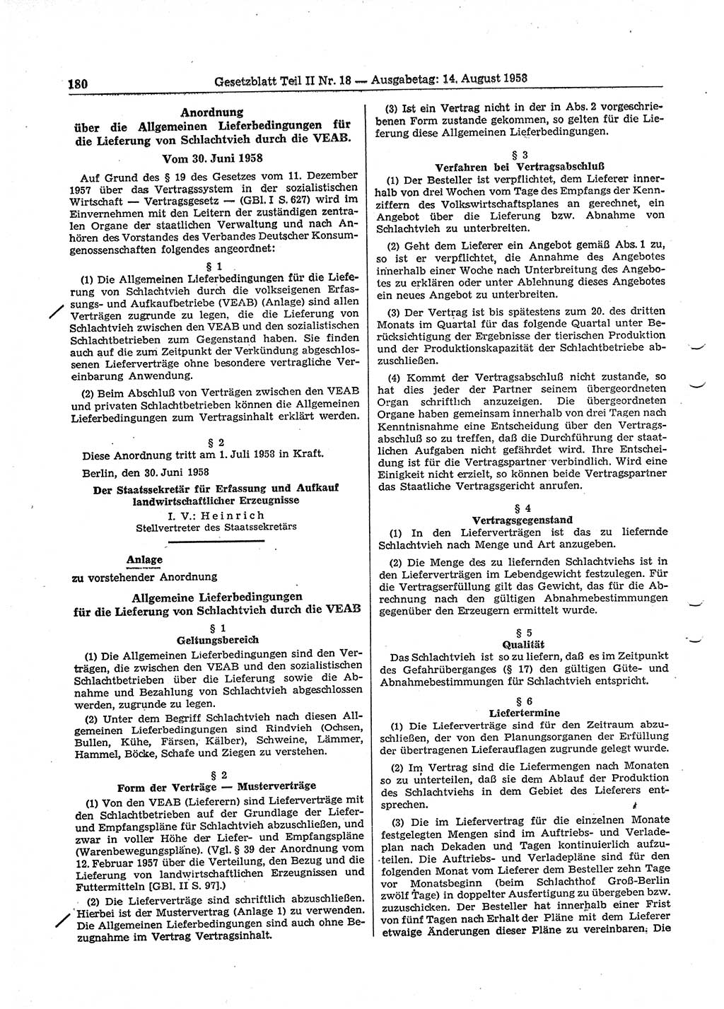 Gesetzblatt (GBl.) der Deutschen Demokratischen Republik (DDR) Teil ⅠⅠ 1958, Seite 180 (GBl. DDR ⅠⅠ 1958, S. 180)