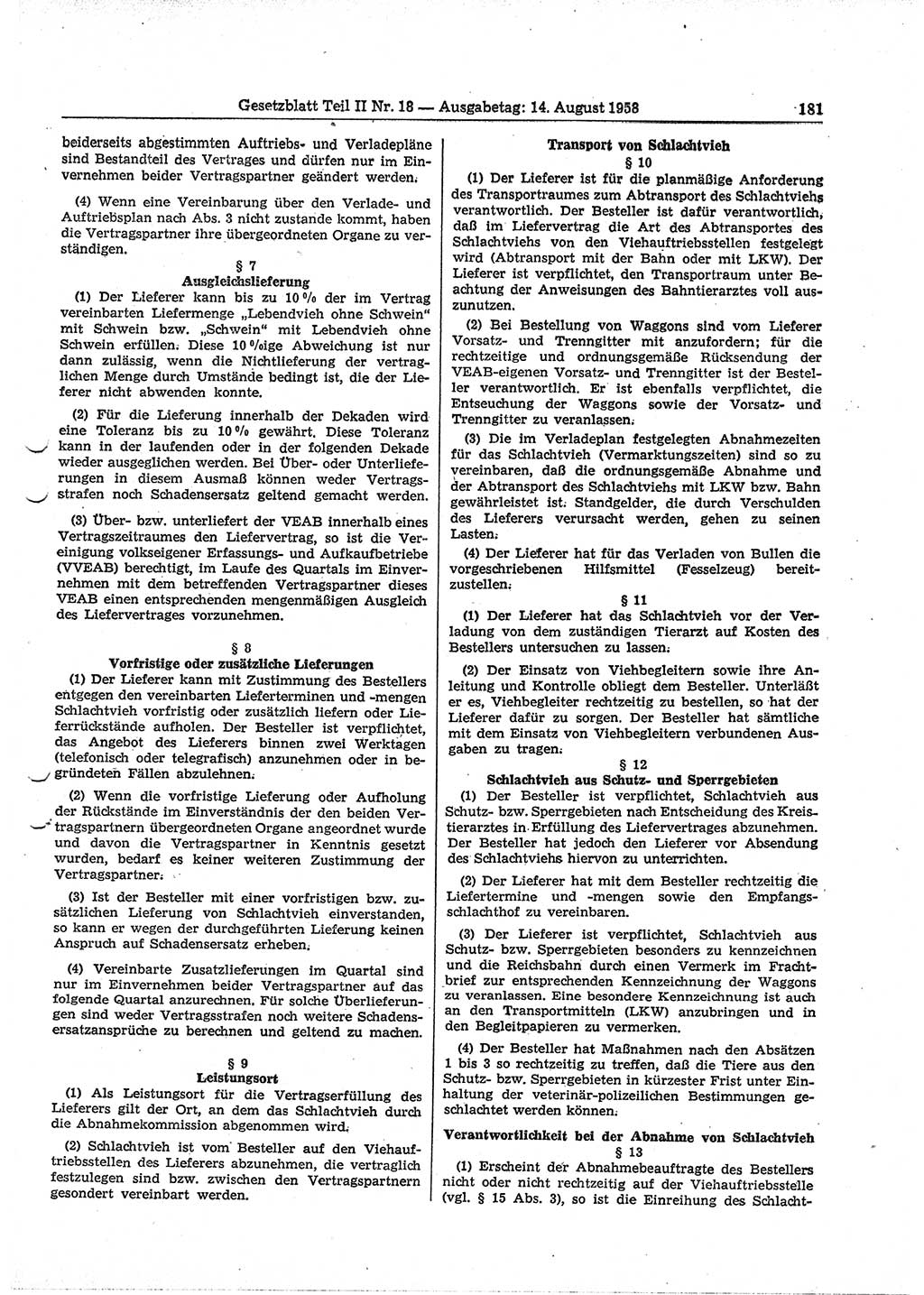 Gesetzblatt (GBl.) der Deutschen Demokratischen Republik (DDR) Teil ⅠⅠ 1958, Seite 181 (GBl. DDR ⅠⅠ 1958, S. 181)
