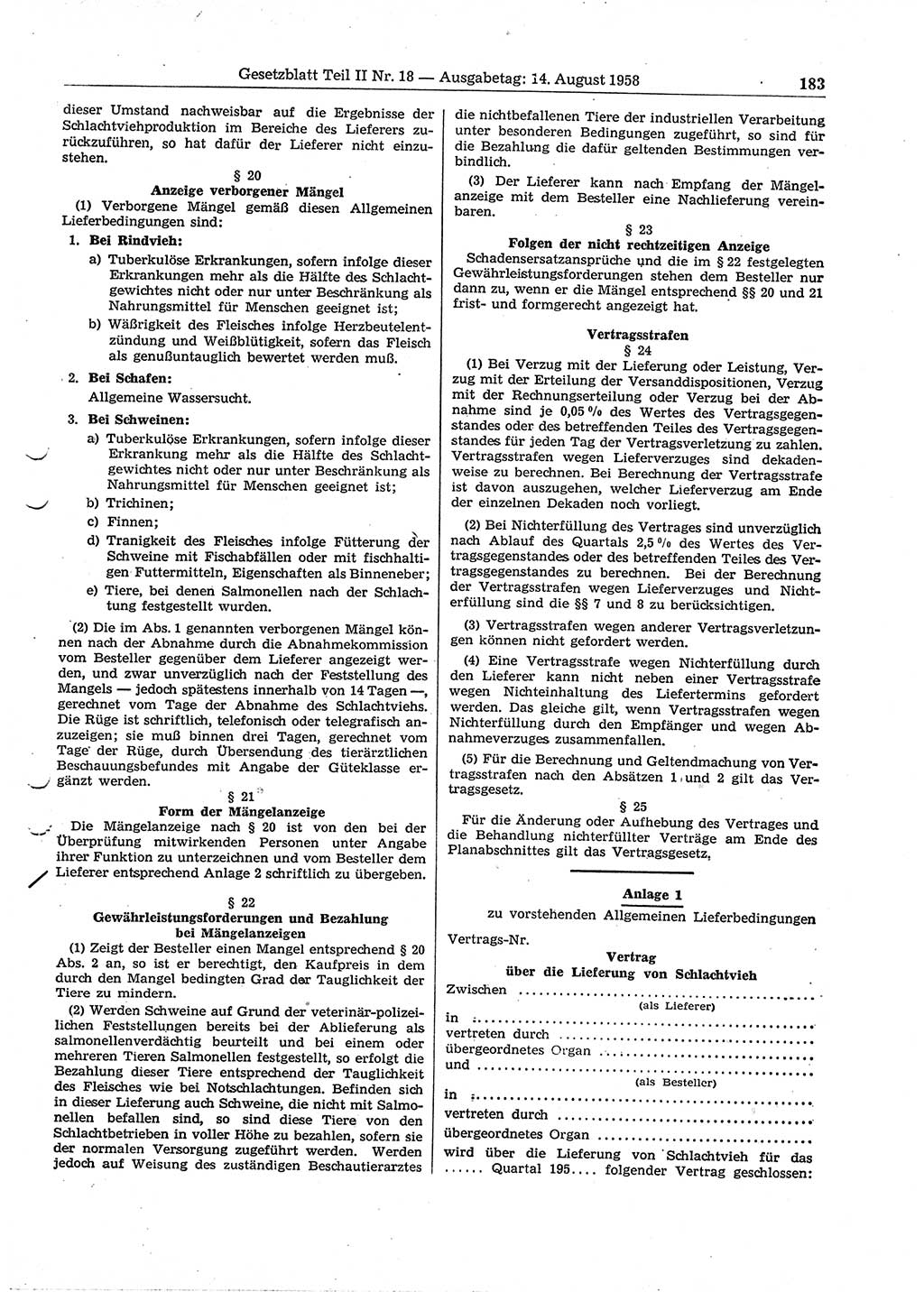 Gesetzblatt (GBl.) der Deutschen Demokratischen Republik (DDR) Teil ⅠⅠ 1958, Seite 183 (GBl. DDR ⅠⅠ 1958, S. 183)