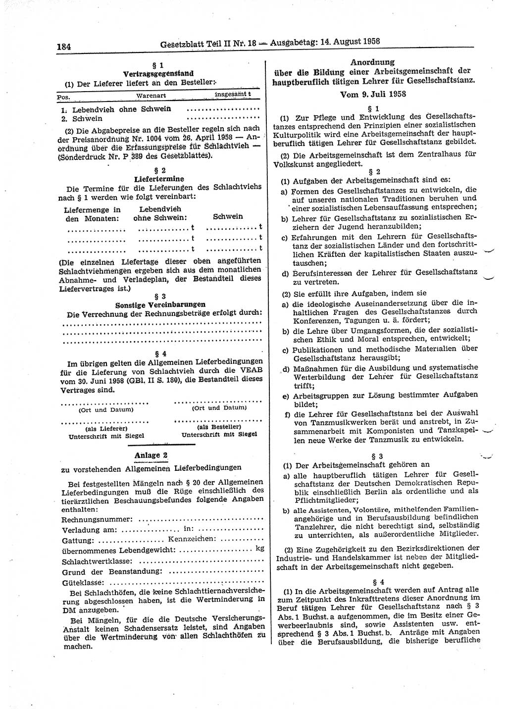 Gesetzblatt (GBl.) der Deutschen Demokratischen Republik (DDR) Teil ⅠⅠ 1958, Seite 184 (GBl. DDR ⅠⅠ 1958, S. 184)