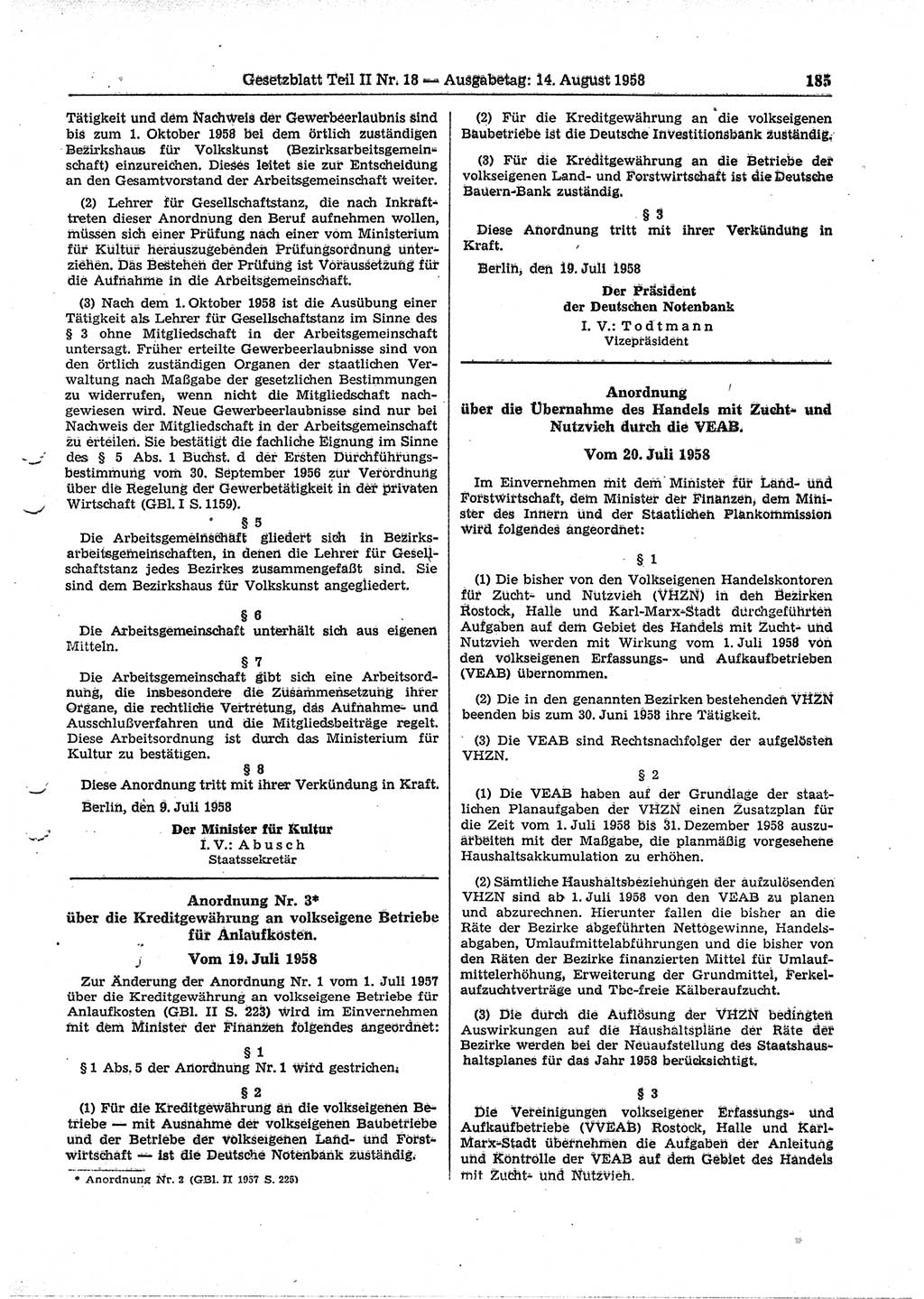 Gesetzblatt (GBl.) der Deutschen Demokratischen Republik (DDR) Teil ⅠⅠ 1958, Seite 185 (GBl. DDR ⅠⅠ 1958, S. 185)