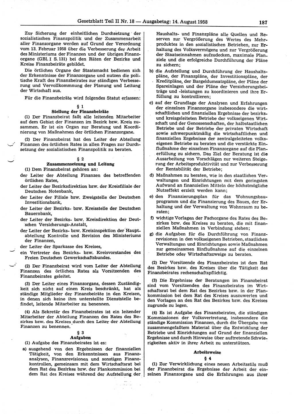Gesetzblatt (GBl.) der Deutschen Demokratischen Republik (DDR) Teil ⅠⅠ 1958, Seite 187 (GBl. DDR ⅠⅠ 1958, S. 187)