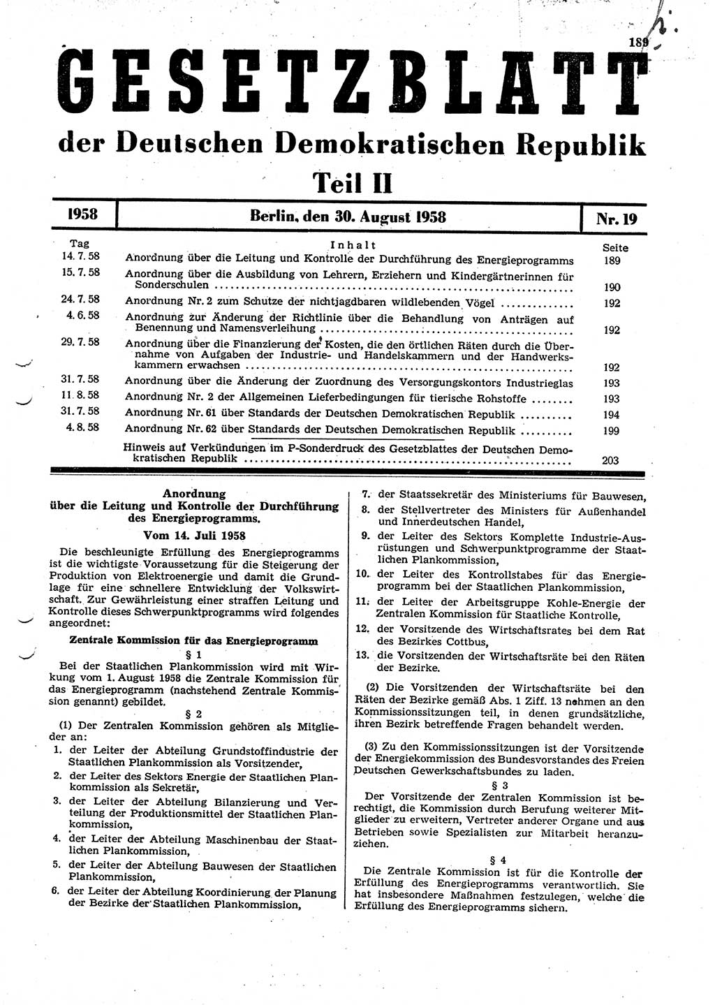 Gesetzblatt (GBl.) der Deutschen Demokratischen Republik (DDR) Teil ⅠⅠ 1958, Seite 189 (GBl. DDR ⅠⅠ 1958, S. 189)