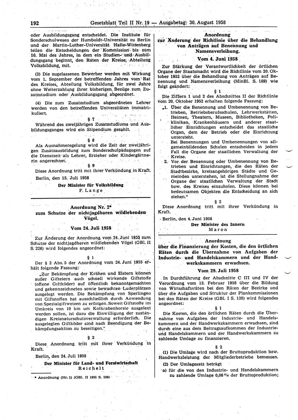 Gesetzblatt (GBl.) der Deutschen Demokratischen Republik (DDR) Teil ⅠⅠ 1958, Seite 192 (GBl. DDR ⅠⅠ 1958, S. 192)