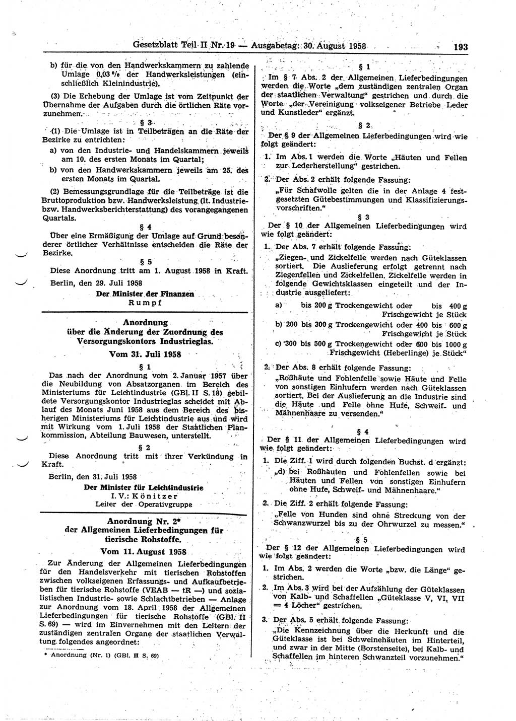 Gesetzblatt (GBl.) der Deutschen Demokratischen Republik (DDR) Teil ⅠⅠ 1958, Seite 193 (GBl. DDR ⅠⅠ 1958, S. 193)