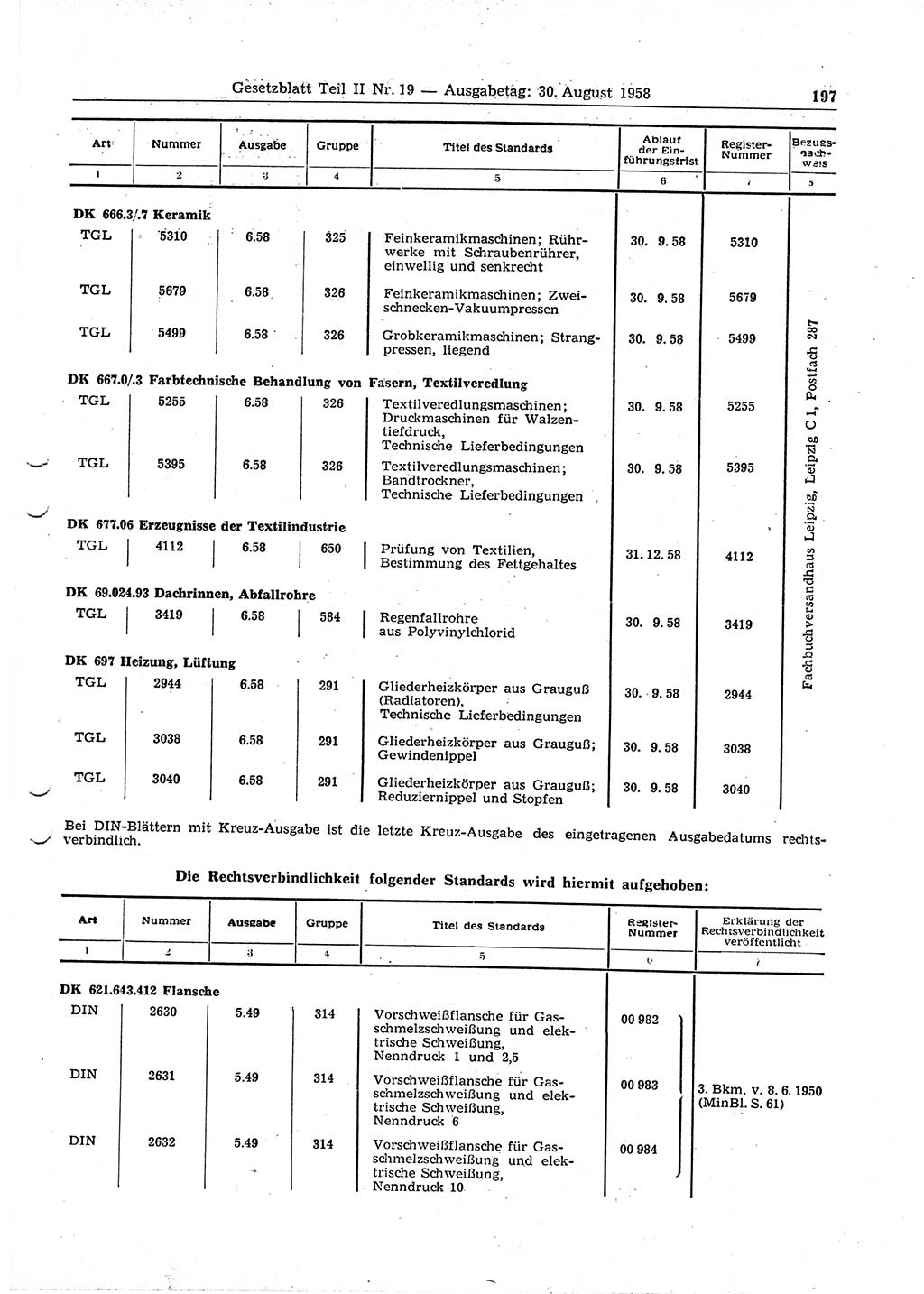 Gesetzblatt (GBl.) der Deutschen Demokratischen Republik (DDR) Teil ⅠⅠ 1958, Seite 197 (GBl. DDR ⅠⅠ 1958, S. 197)
