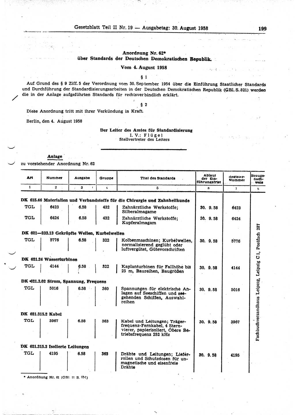 Gesetzblatt (GBl.) der Deutschen Demokratischen Republik (DDR) Teil ⅠⅠ 1958, Seite 199 (GBl. DDR ⅠⅠ 1958, S. 199)