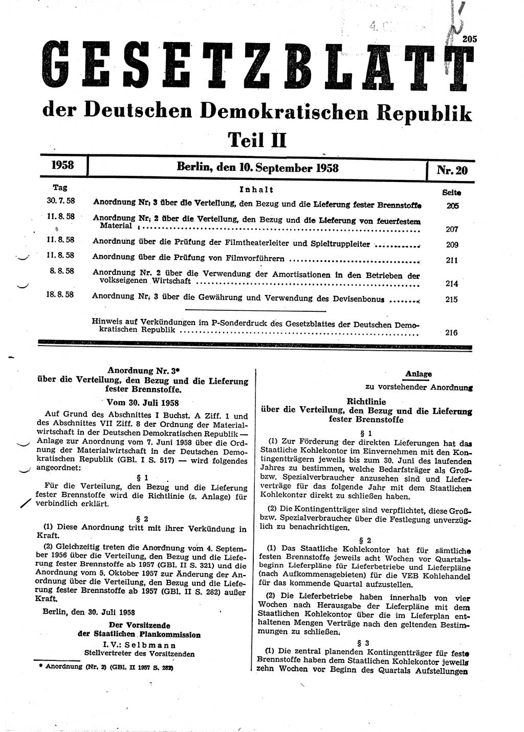 Gesetzblatt (GBl.) der Deutschen Demokratischen Republik (DDR) Teil ⅠⅠ 1958, Seite 205 (GBl. DDR ⅠⅠ 1958, S. 205)