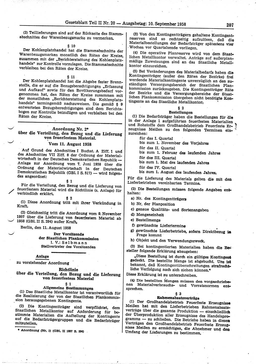 Gesetzblatt (GBl.) der Deutschen Demokratischen Republik (DDR) Teil ⅠⅠ 1958, Seite 207 (GBl. DDR ⅠⅠ 1958, S. 207)