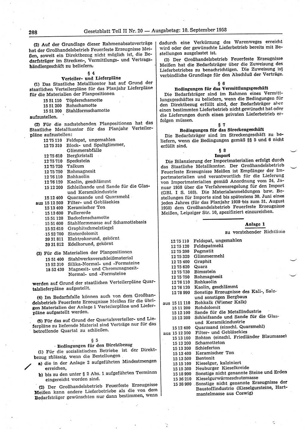 Gesetzblatt (GBl.) der Deutschen Demokratischen Republik (DDR) Teil ⅠⅠ 1958, Seite 208 (GBl. DDR ⅠⅠ 1958, S. 208)