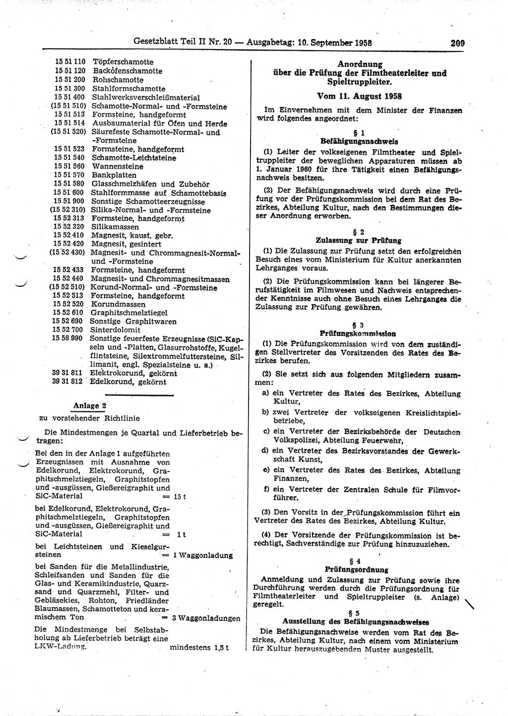 Gesetzblatt (GBl.) der Deutschen Demokratischen Republik (DDR) Teil ⅠⅠ 1958, Seite 209 (GBl. DDR ⅠⅠ 1958, S. 209)
