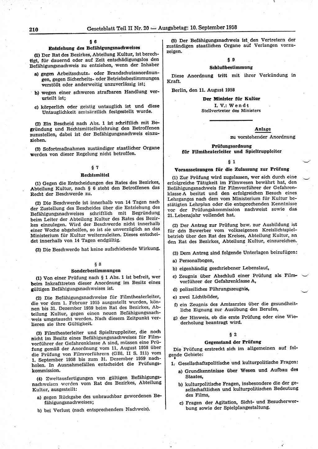 Gesetzblatt (GBl.) der Deutschen Demokratischen Republik (DDR) Teil ⅠⅠ 1958, Seite 210 (GBl. DDR ⅠⅠ 1958, S. 210)