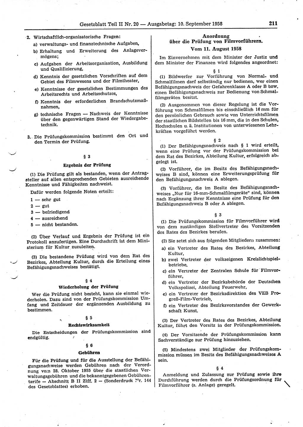 Gesetzblatt (GBl.) der Deutschen Demokratischen Republik (DDR) Teil ⅠⅠ 1958, Seite 211 (GBl. DDR ⅠⅠ 1958, S. 211)